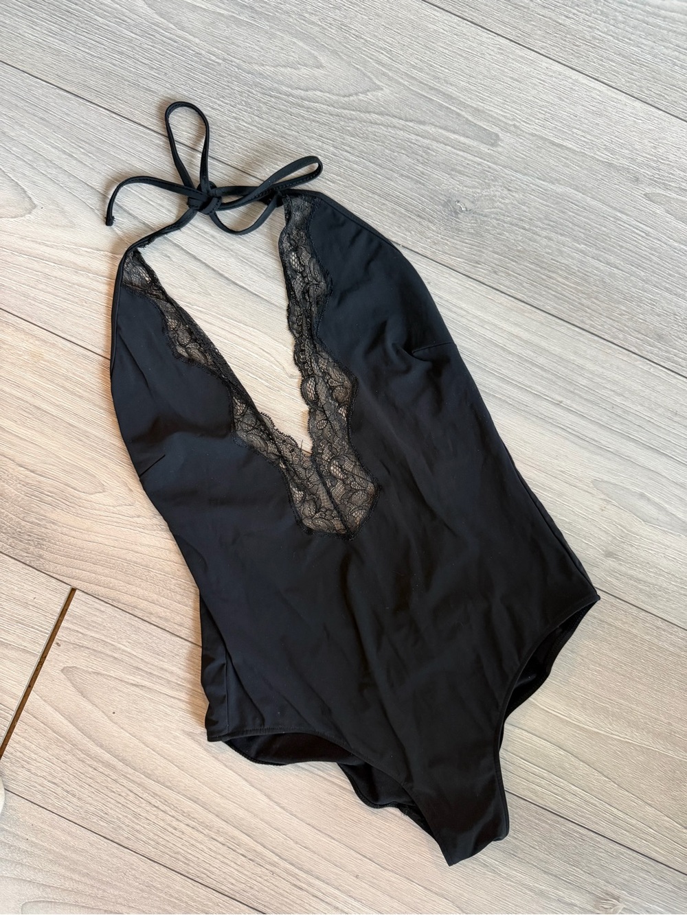 Black Lace-Trim Halter One-Piece Bodysuit